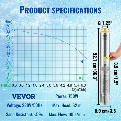 Deep Well Submersible Pump, 750W 230V/50Hz, 105L/min 62 m Head Sand Resistant <5%, 20 m Electric Cord, 8.9 cm Stainless Steel Water Pumps for Industrial, Irrigation & Home Use, IP68 Waterproof