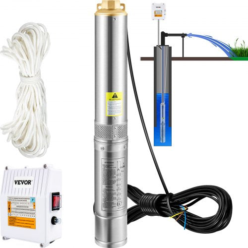 Deep Well Submersible Pump, 370W 230V/50Hz, 110L/min 44 m Head, with 20 m Cord & External Control Box, 10.2 cm Stainless Steel Water Pumps for Industrial, Irrigation & Home Use, IP68 Waterproof