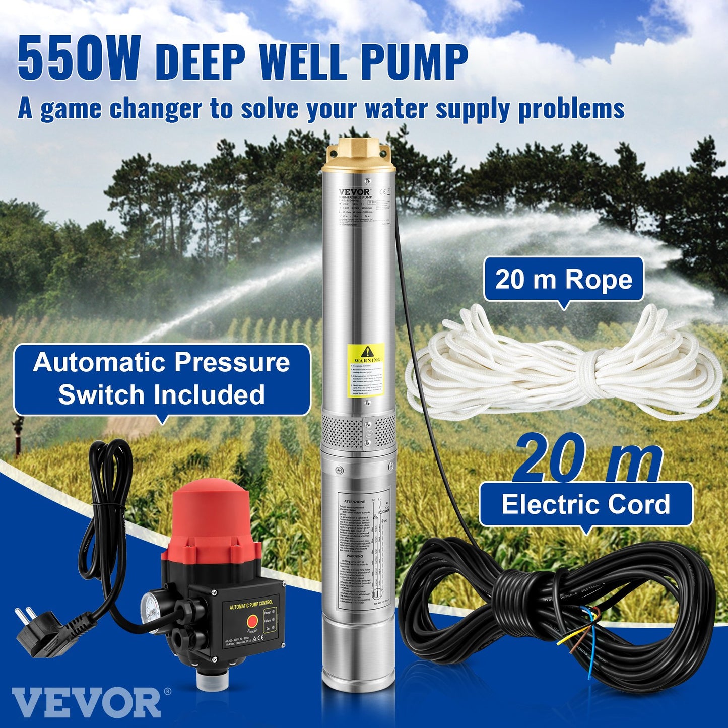 Deep Well Submersible Pump, 550W 230V/50Hz, 50L/min 89 m Head, 20 m Cord & Automatic Pressure Switch, 8.2 cm Stainless Steel Water Pumps for Industrial, Irrigation & Home Use, IP68 Waterproof