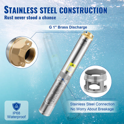 Deep Well Submersible Pump, 550W 230V/50Hz, 50L/min 89 m Head, 20 m Cord & Automatic Pressure Switch, 8.2 cm Stainless Steel Water Pumps for Industrial, Irrigation & Home Use, IP68 Waterproof