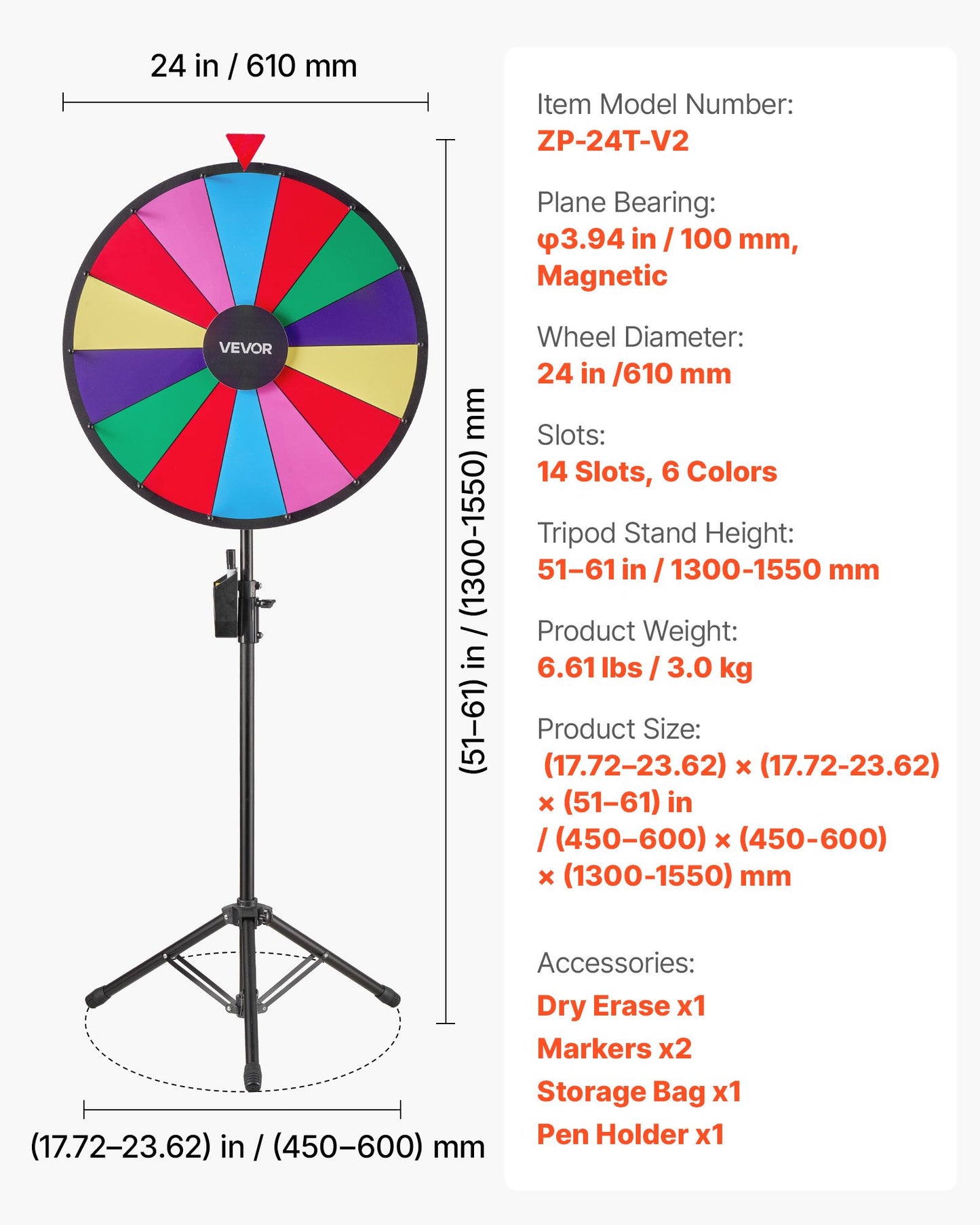 610 mm Spinning Prize Wheel, 14 Slots Spinning Wheel with Tripod, Adjustable Height Win Fortune Roulette with a Dry Erase and 2 Markers, 6 Colors, Easy Assembly, for Party Pub Trade Show Carnival