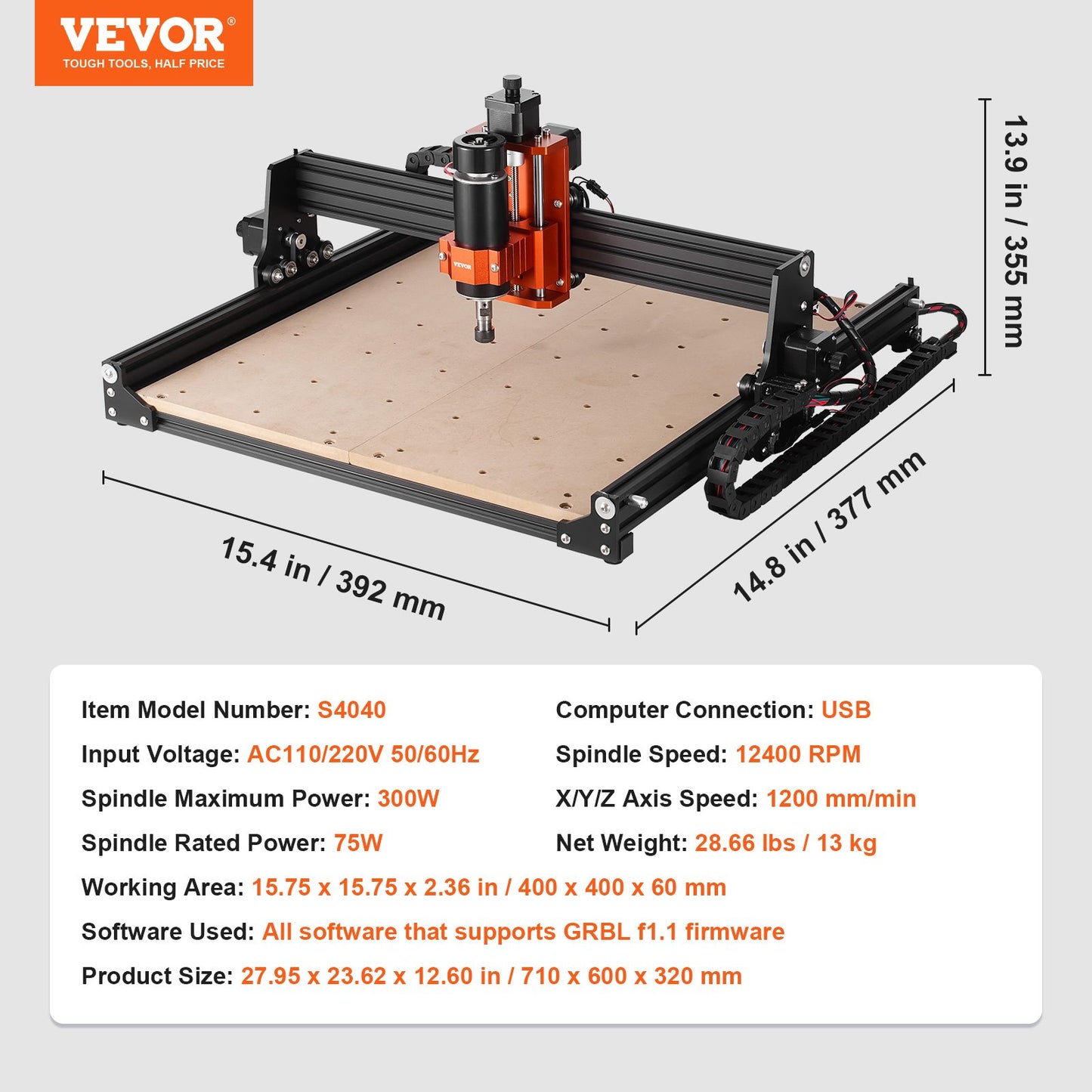 CNC Router Machine, 300W, 3 Axis GRBL Control Wood Engraving Carving Milling Machine Kit, 15.75 x 15.75 x 2.36 in / 400 x 400 x 60 mm Working Area 1200 RPM for Wood Acrylic MDF PVC Plastic Foam