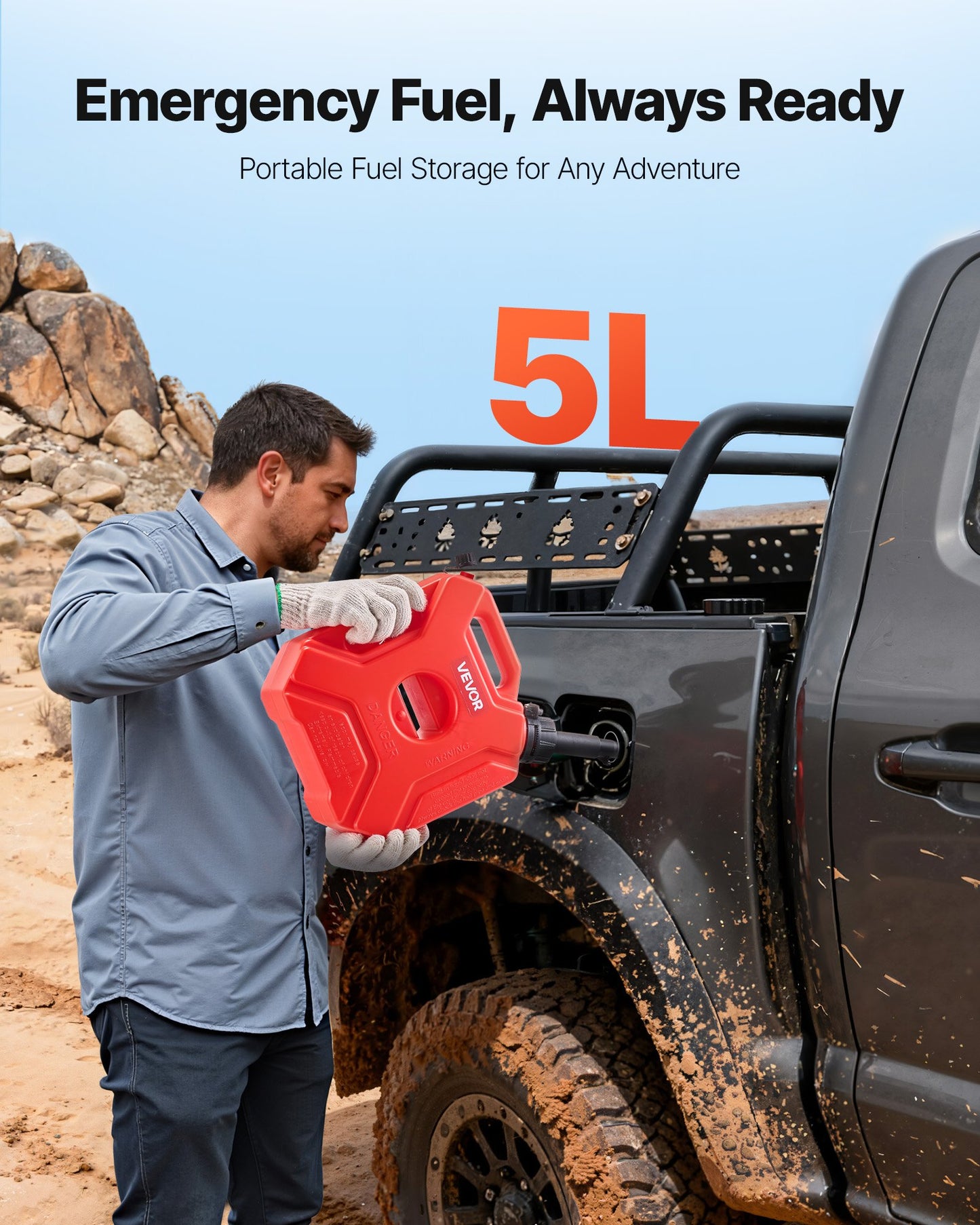 Fuel Container, 5 L, Gas Can with Spout and Lockable Bracket, 15 L/min Max Flow Rate, Secure & Leak-proof, Portable Flat Fluid Container for Most Cars Motorcycle ATV UTV, Red