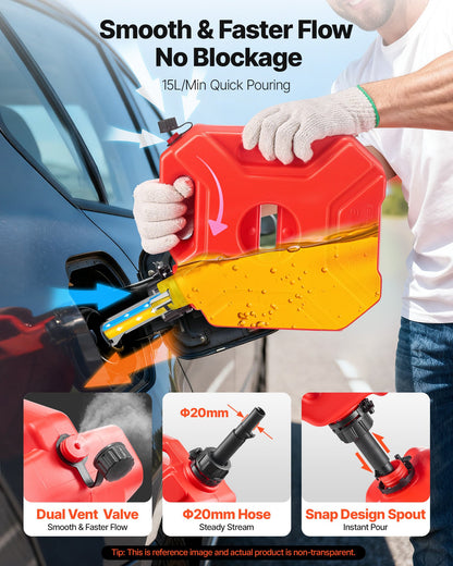 Fuel Container, 5 L, Gas Can with Spout and Lockable Bracket, 15 L/min Max Flow Rate, Secure & Leak-proof, Portable Flat Fluid Container for Most Cars Motorcycle ATV UTV, Red