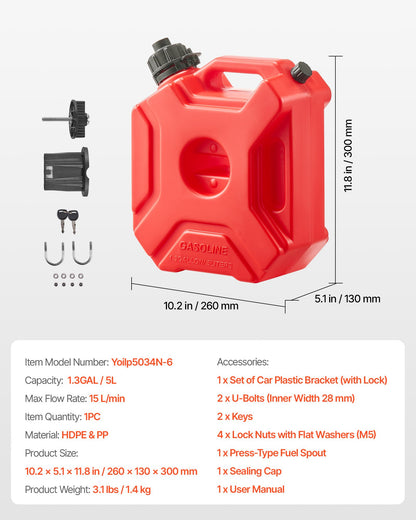 Fuel Container, 5 L, Gas Can with Spout and Lockable Bracket, 15 L/min Max Flow Rate, Secure & Leak-proof, Portable Flat Fluid Container for Most Cars Motorcycle ATV UTV, Red