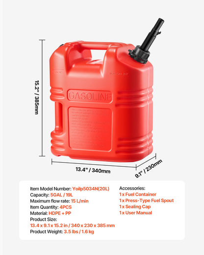 Fuel Container, 19 L, Gas Tank with Spout & Clear Scale, 15 L/min Max Flow Rate, Secure & Leak-proof, Portable Flat Fluid Container for Most Cars Motorcycle ATV UTV, Red, 4 Packs