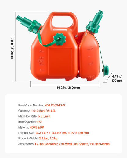 Fuel Container, 6 L, Fuel Tank with Spout & 1.9 L Extra Oil Container, 5.5 L/min Max Flow Rate, Leak-proof and Portable Flat Fluid Container for Most Cars Motorcycle ATV UTV
