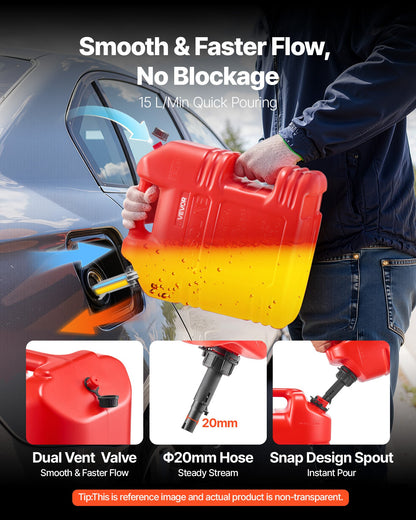 Fuel Container, 19 L, Gas Tank with Spout & Clear Scale, 15 L/min Max Flow Rate, Secure & Leak-proof, Portable Flat Fluid Container for Most Cars Motorcycle ATV UTV, Red, 1 Pack