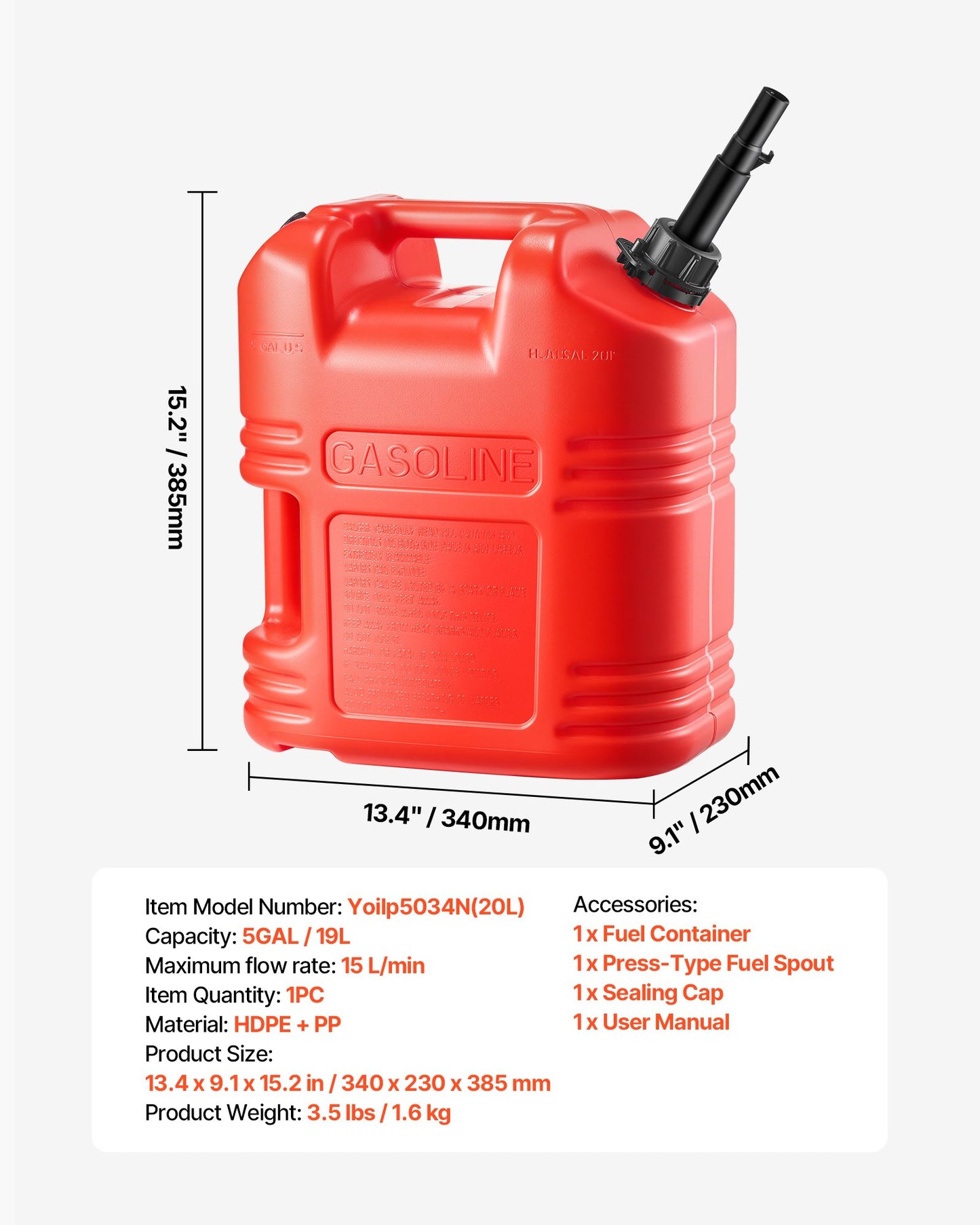Fuel Container, 19 L, Gas Tank with Spout & Clear Scale, 15 L/min Max Flow Rate, Secure & Leak-proof, Portable Flat Fluid Container for Most Cars Motorcycle ATV UTV, Red, 1 Pack