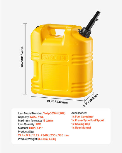 Fuel Container, 19 L, Gas Tank with Spout & Clear Scale, 15 L/min Max Flow Rate, Secure & Leak-proof, Portable Flat Fluid Container for Most Cars Motorcycle SUV ATV UTV, Yellow, 2 Packs