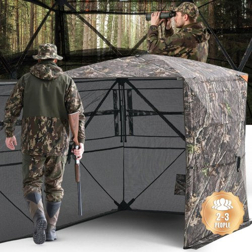 Hunting Blind, 2-3 Person See Through Ground Blinds with Carrying Bag, 360 Degree Portable Camouflage Tent, Durable Concealed Shelter with Silent Side Door and Window, for Turkey and Deer