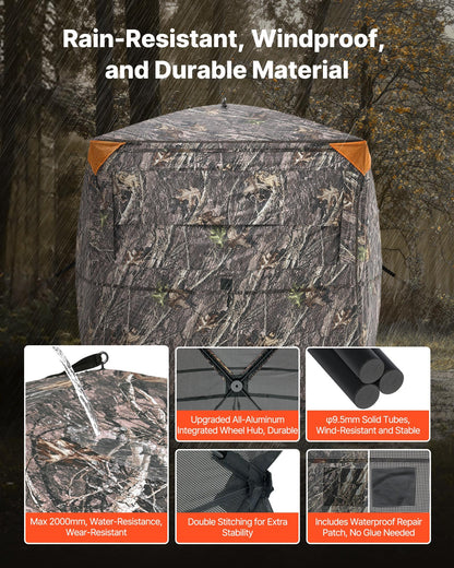 Hunting Blind, 2-3 Person See Through Ground Blinds with Carrying Bag, 360 Degree Portable Camouflage Tent, Durable Concealed Shelter with Silent Side Door and Window, for Turkey and Deer