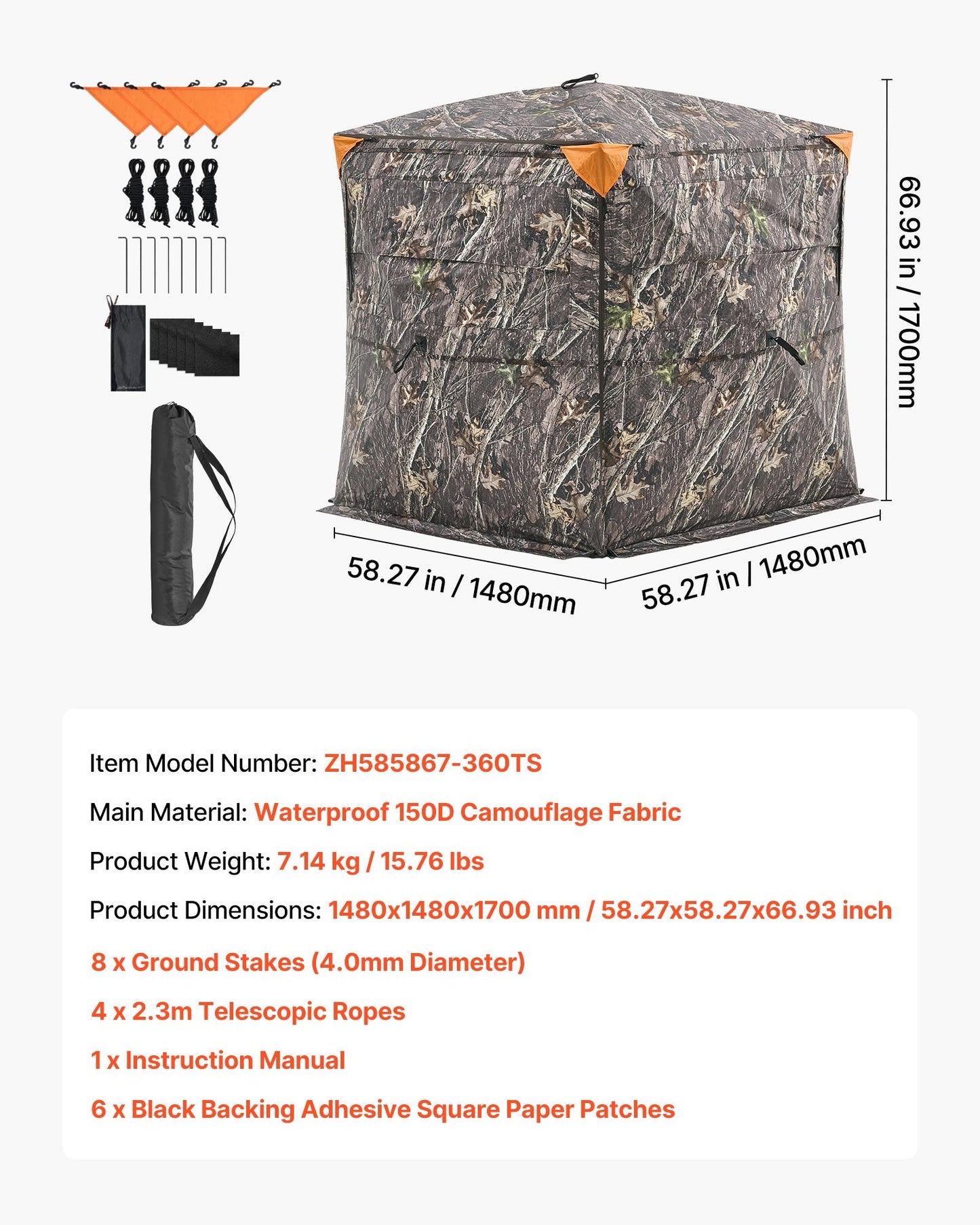 Hunting Blind, 2-3 Person See Through Ground Blinds with Carrying Bag, 360 Degree Portable Camouflage Tent, Durable Concealed Shelter with Silent Side Door and Window, for Turkey and Deer