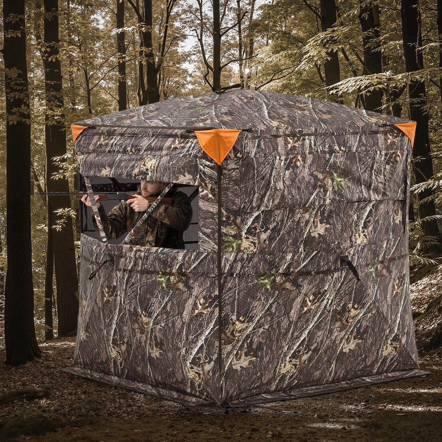 Hunting Blind, 2-3 Person See Through Ground Blinds with Carrying Bag, 360 Degree Portable Camouflage Tent, Durable Concealed Shelter with Silent Side Door and Window, for Turkey and Deer