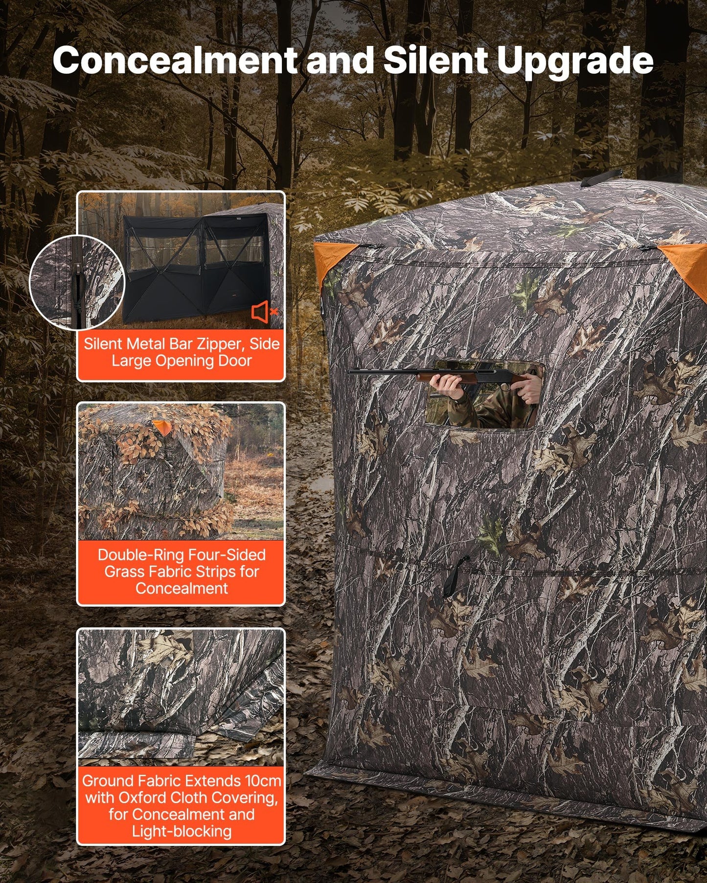 Hunting Blind, 2-3 Person Thermal Ground Blinds with Tri-Leg Chair and Carrying Bag, Portable Camouflage Tent, Durable Concealed Shelter with Silent Zipper Door and Window, for Turkey Deer