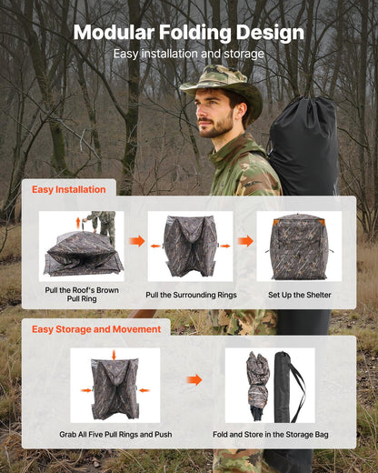 Hunting Blind, 2-3 Person Thermal Ground Blinds with Tri-Leg Chair and Carrying Bag, Portable Camouflage Tent, Durable Concealed Shelter with Silent Zipper Door and Window, for Turkey Deer