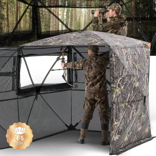 Hunting Blind, 4-5 Person See Through Ground Blinds with Carrying Bag, 360 Degree Portable Camouflage Tent, Durable Concealed Shelter with Silent Zipper Door and Window, for Turkey and Deer