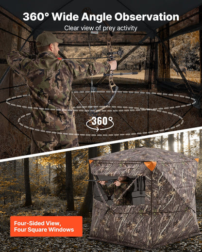 Hunting Blind, 4-5 Person See Through Ground Blinds with Carrying Bag, 360 Degree Portable Camouflage Tent, Durable Concealed Shelter with Silent Zipper Door and Window, for Turkey and Deer