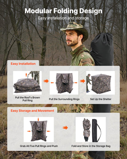 Hunting Blind, 4-5 Person See Through Ground Blinds with Carrying Bag, 360 Degree Portable Camouflage Tent, Durable Concealed Shelter with Silent Zipper Door and Window, for Turkey and Deer