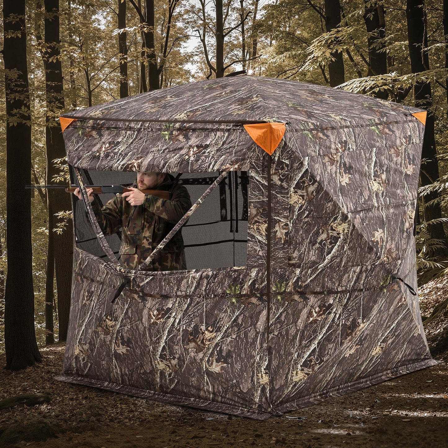 Hunting Blind, 4-5 Person See Through Ground Blinds with Carrying Bag, 360 Degree Portable Camouflage Tent, Durable Concealed Shelter with Silent Zipper Door and Window, for Turkey and Deer
