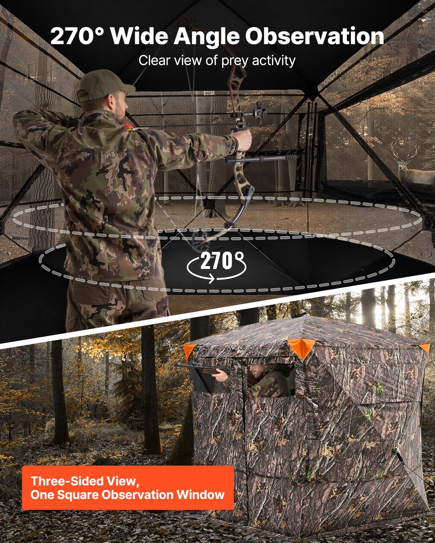 Hunting Blind, 4-5 Person See Through Ground Blinds with Carrying Bag, 270 Degree Portable Camouflage Tent, Durable Concealed Shelter with Silent Magnetic Door and Window, for Turkey and Deer