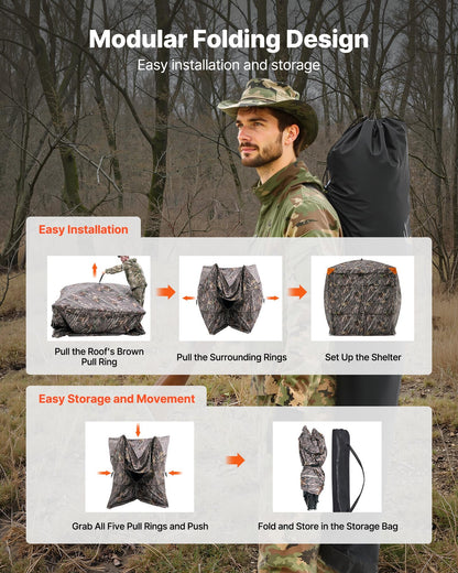 Hunting Blind, 4-5 Person See Through Ground Blinds with Carrying Bag, 270 Degree Portable Camouflage Tent, Durable Concealed Shelter with Silent Magnetic Door and Window, for Turkey and Deer