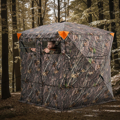 Hunting Blind, 4-5 Person See Through Ground Blinds with Carrying Bag, 270 Degree Portable Camouflage Tent, Durable Concealed Shelter with Silent Magnetic Door and Window, for Turkey and Deer