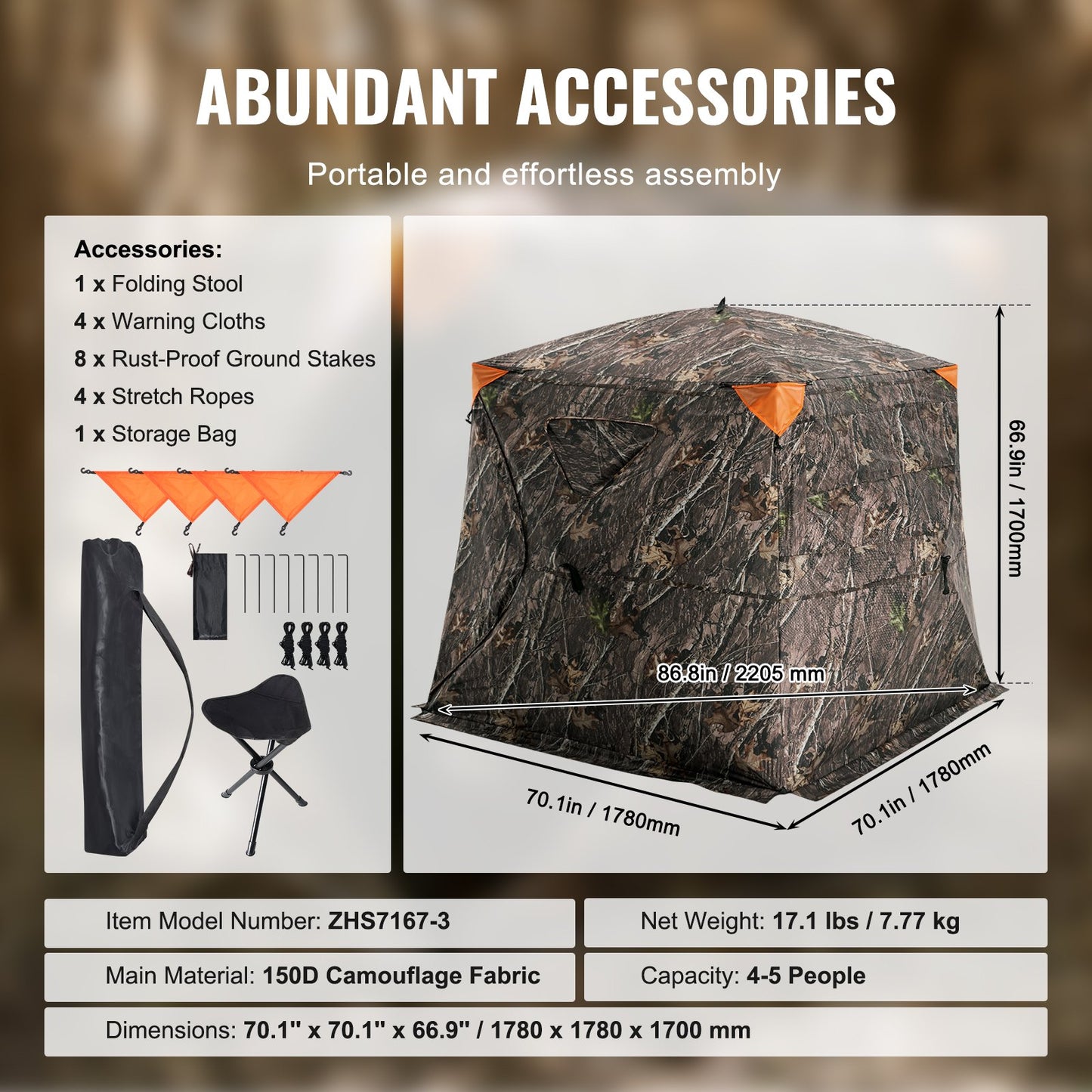 Hunting Blind 270° See Through Ground Blind One-Way Mesh for 4-5 Person