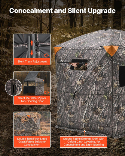 Hunting Blind, 6-7 Person Ground Blinds with Carrying Bag, Portable Camouflage Tent, Reinforced Durable Concealed Shelter with Silent Zipper Door and Window, for Turkey and Deer
