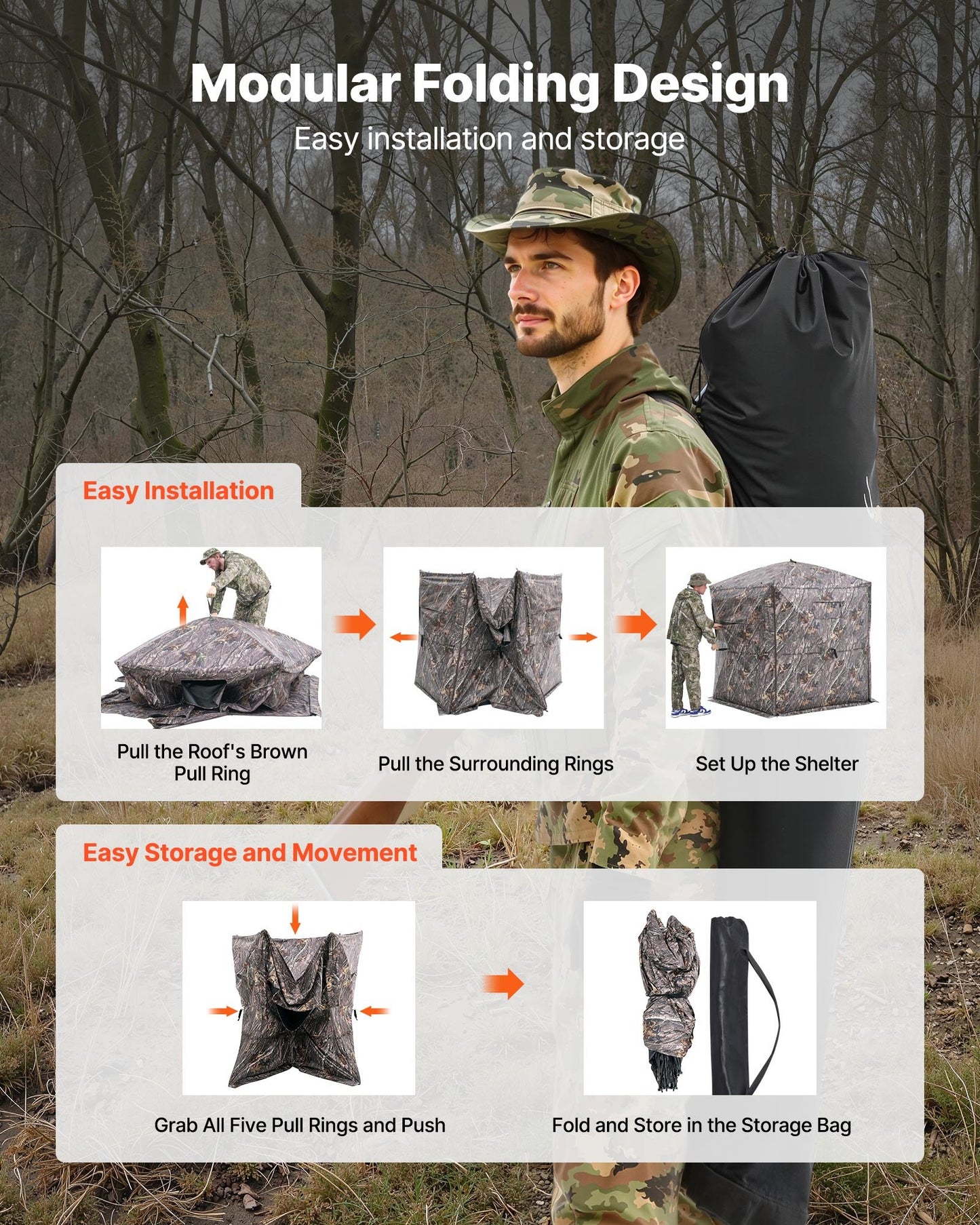 Hunting Blind, 6-7 Person Ground Blinds with Carrying Bag, Portable Camouflage Tent, Reinforced Durable Concealed Shelter with Silent Zipper Door and Window, for Turkey and Deer