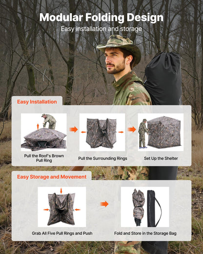 Hunting Blind, 6-7 Person Ground Blinds with Carrying Bag, Portable Camouflage Tent, Reinforced Durable Concealed Shelter with Silent Zipper Door and Window, for Turkey and Deer