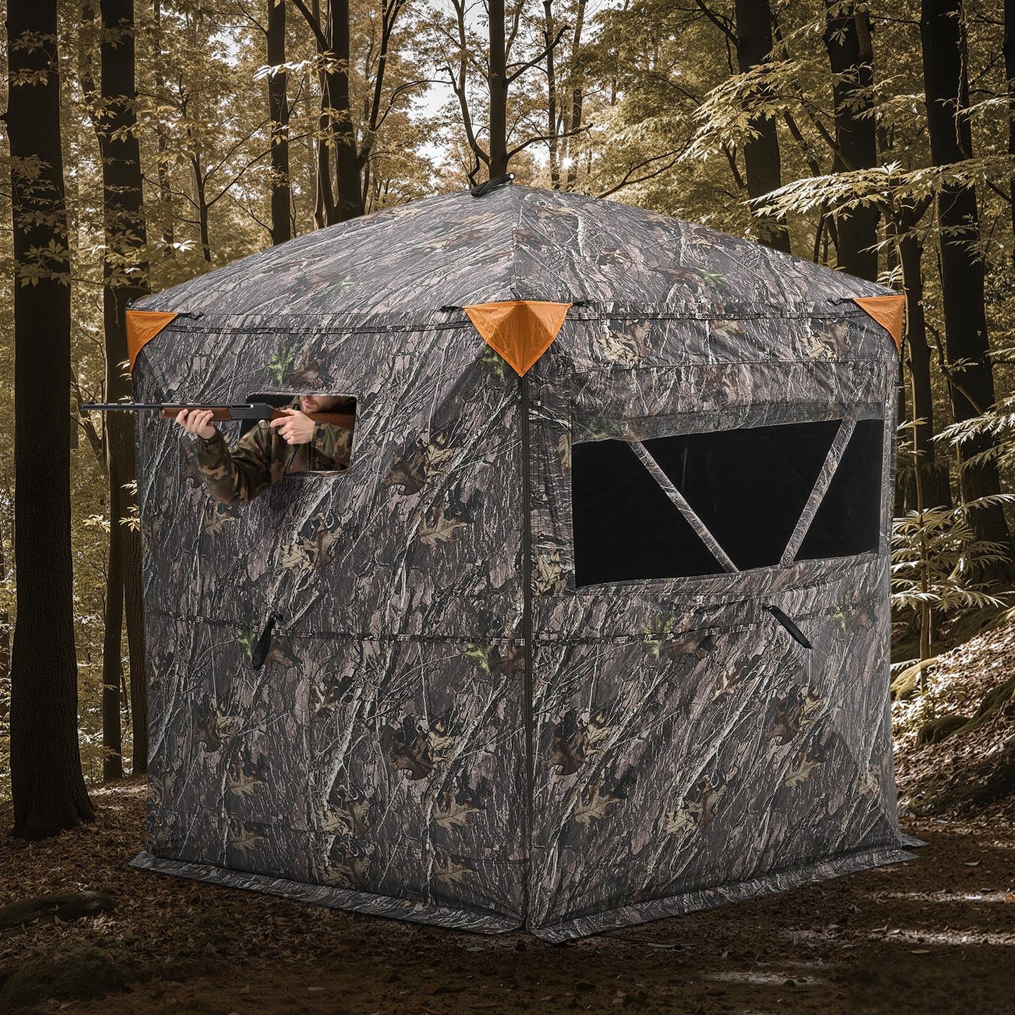 Hunting Blind, 6-7 Person Ground Blinds with Carrying Bag, Portable Camouflage Tent, Reinforced Durable Concealed Shelter with Silent Zipper Door and Window, for Turkey and Deer