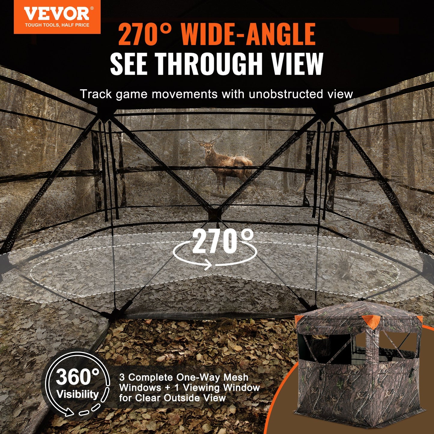 Hunting Blind 270° See Through Ground Blind One-Way Mesh for 1-2 Person