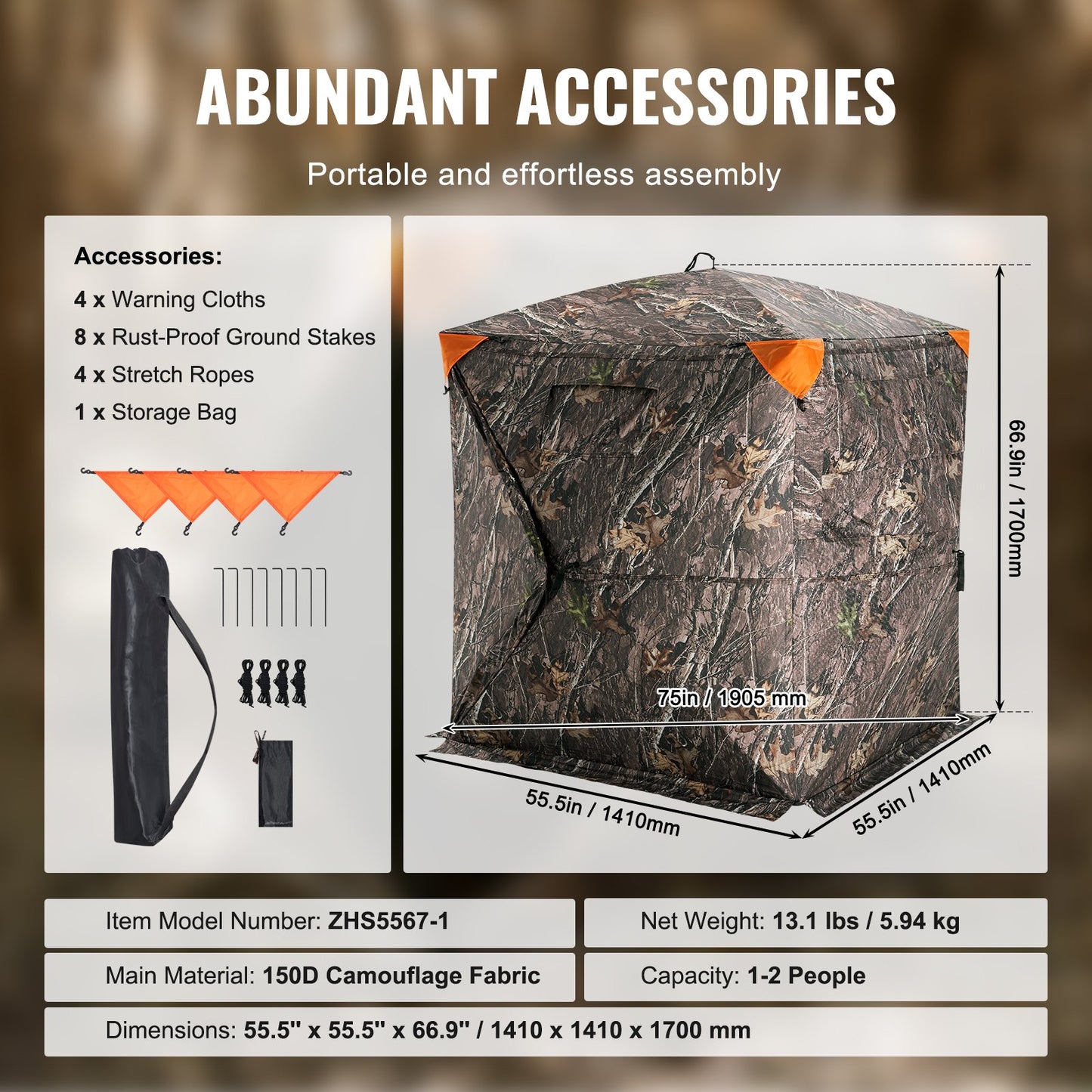 Hunting Blind 270° See Through Ground Blind One-Way Mesh for 1-2 Person