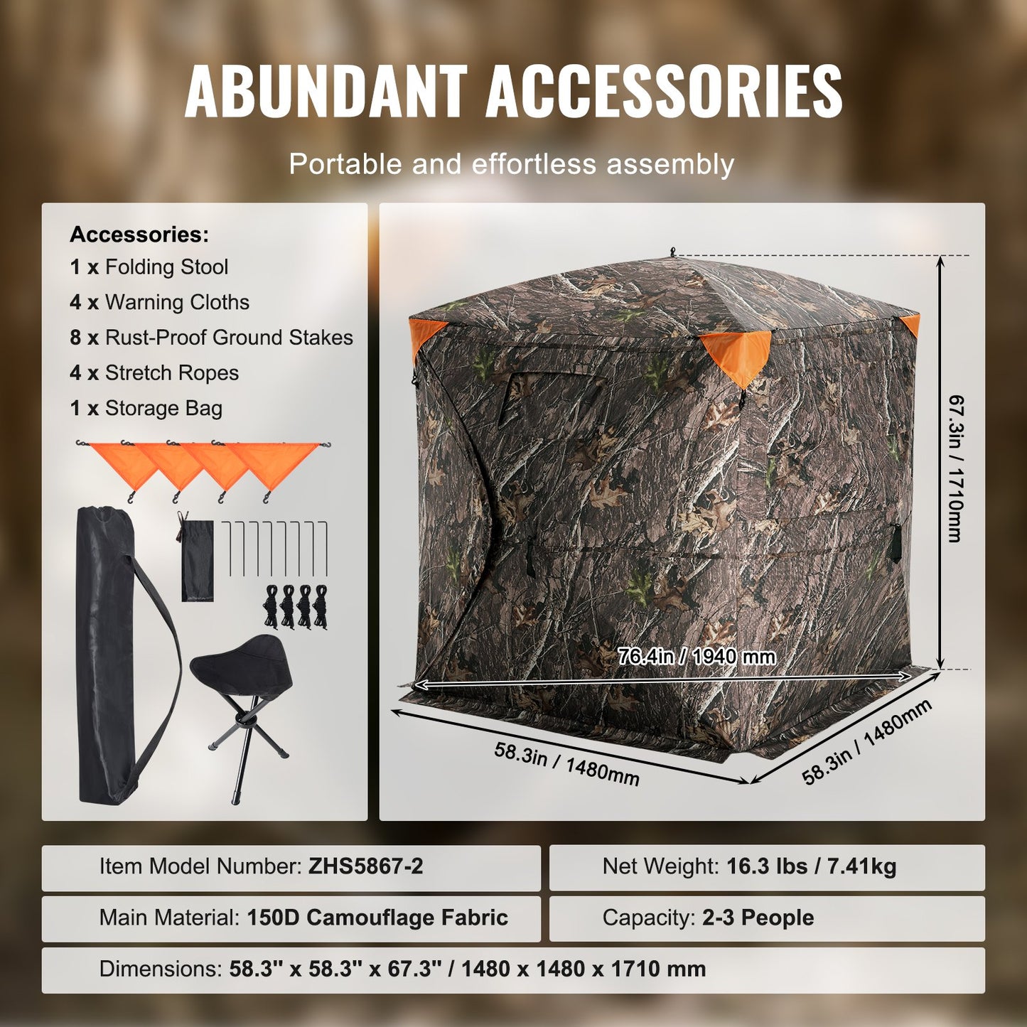 Hunting Blind 270° See Through Ground Blind One-Way Mesh for 2-3 Person