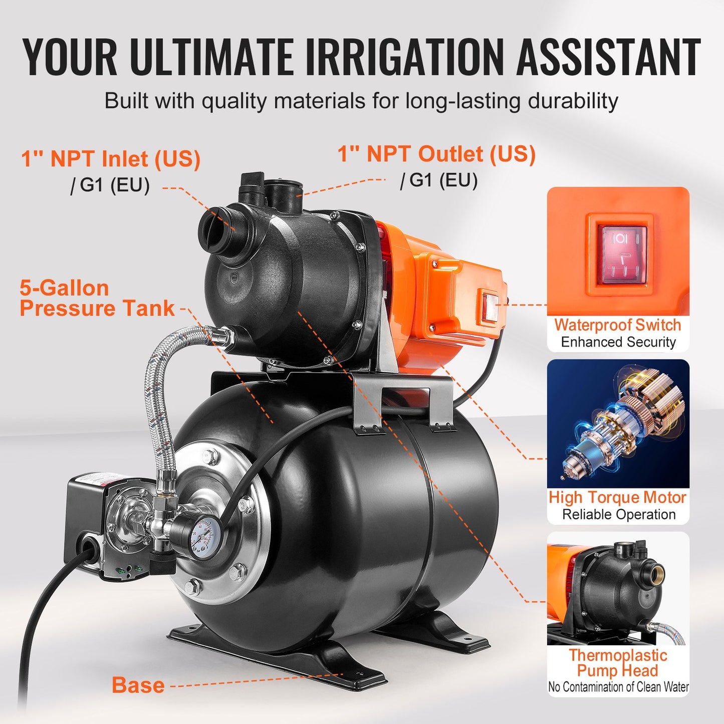 745 W(1 HP) Shallow Well Pump with Pressure Tank, 63 L/min(1000 GPH), Automatic Irrigation Water Booster Pump with 50 m(164 ft) Lift 1.4/2.8 bar(20/40 PSI) Pressure Switch, Thermoplastic Pump Head for Home Garden Lawn