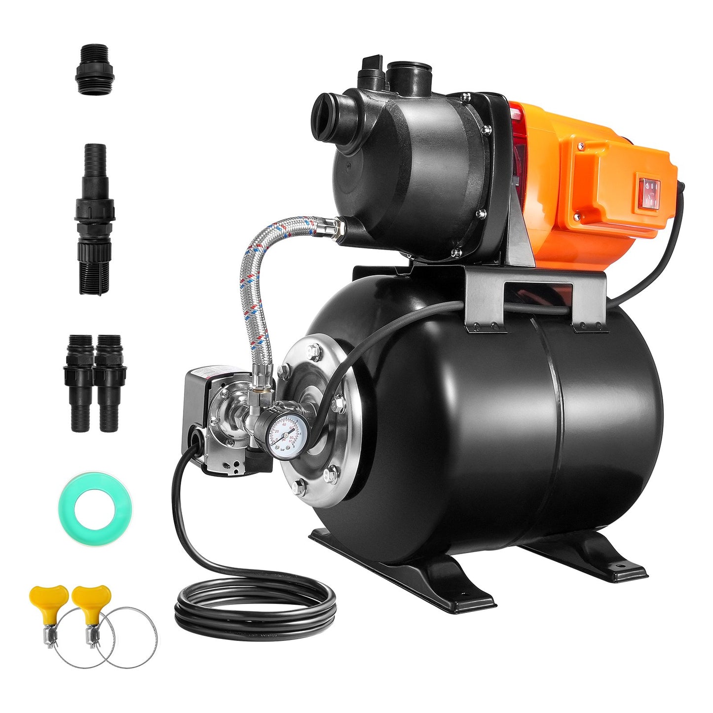 745 W(1 HP) Shallow Well Pump with Pressure Tank, 63 L/min(1000 GPH), Automatic Irrigation Water Booster Pump with 50 m(164 ft) Lift 1.4/2.8 bar(20/40 PSI) Pressure Switch, Thermoplastic Pump Head for Home Garden Lawn