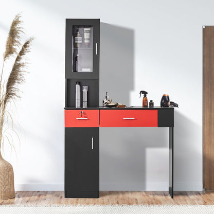 Salon Station, Wall Mount Barber Salon Station for Hair Stylist, Beauty Spa Furniture Set, 1 Storage Cabinet, 3 Cubbies and 2 Drawers(One Lockable), Black and Red