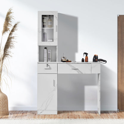 Salon Station, Wall Mount Barber Salon Station for Hair Stylist, Beauty Spa Furniture Set, 1 Storage Cabinet, 3 Cubbies and 2 Drawers(One Lockable), White