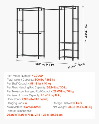 Clothing Garment Rack, Heavy Duty Clothes Rack, Freestanding Clothes Racks with Steel Frame, 363 kg Load Capacity Closet Wardrobe with Storage Shelves for Bedroom, Clothing Store, Hallway