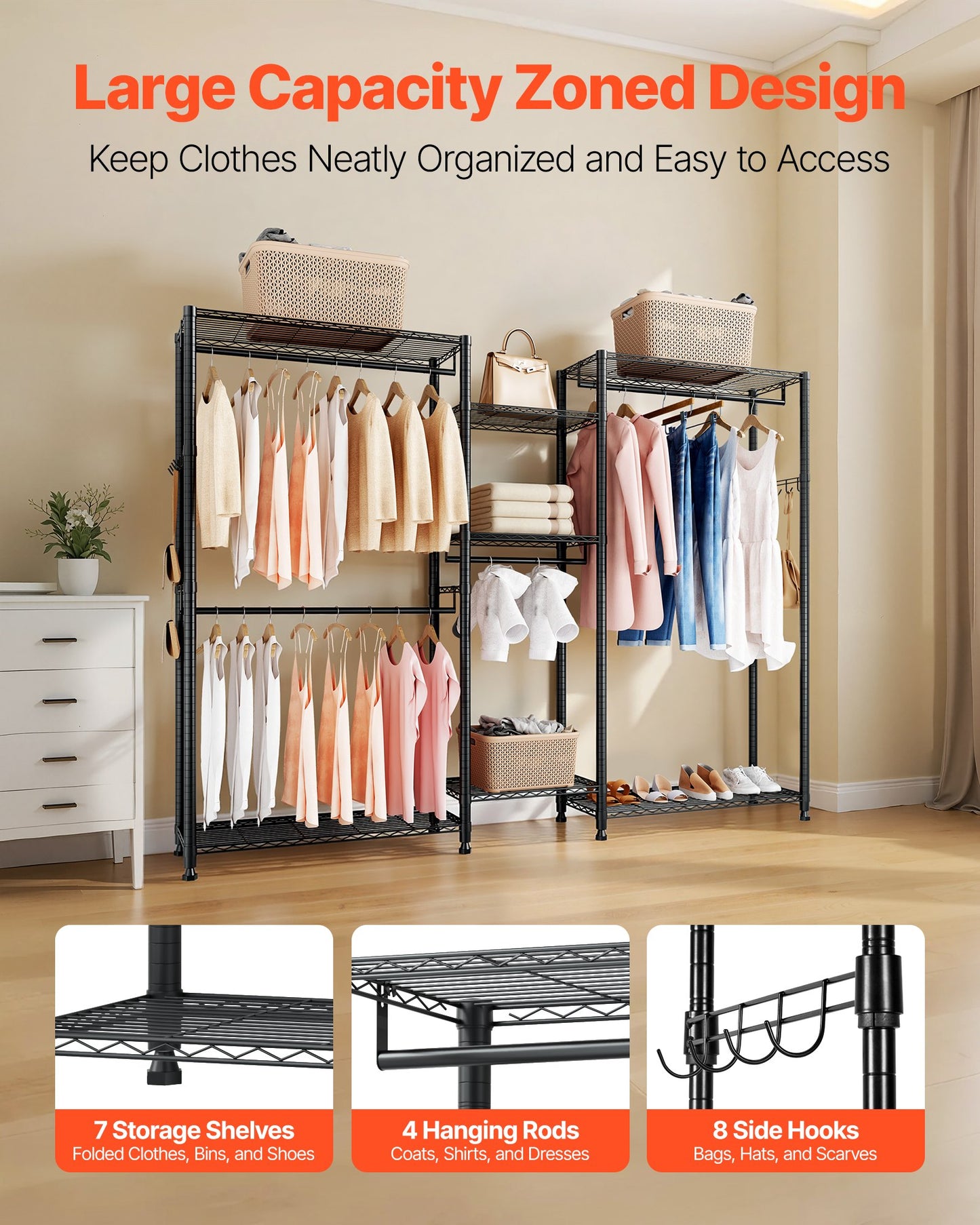 Clothing Garment Rack, Heavy Duty Closet Wardrobe, 7 Adjustable Tiers Clothes Racks with Steel Frame, 385.5 kg Load Capacity Clothes Rack with 4 Hanging Rods for Bedroom, Clothing Store, Hallway