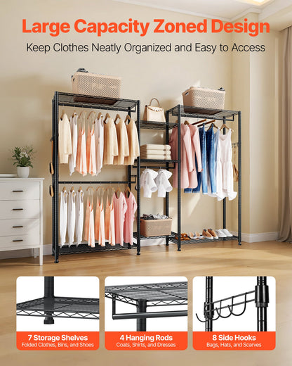 Clothing Garment Rack, Heavy Duty Closet Wardrobe, 7 Adjustable Tiers Clothes Racks with Steel Frame, 385.5 kg Load Capacity Clothes Rack with 4 Hanging Rods for Bedroom, Clothing Store, Hallway
