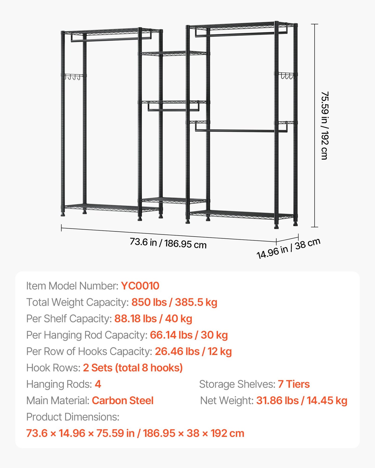 Clothing Garment Rack, Heavy Duty Closet Wardrobe, 7 Adjustable Tiers Clothes Racks with Steel Frame, 385.5 kg Load Capacity Clothes Rack with 4 Hanging Rods for Bedroom, Clothing Store, Hallway