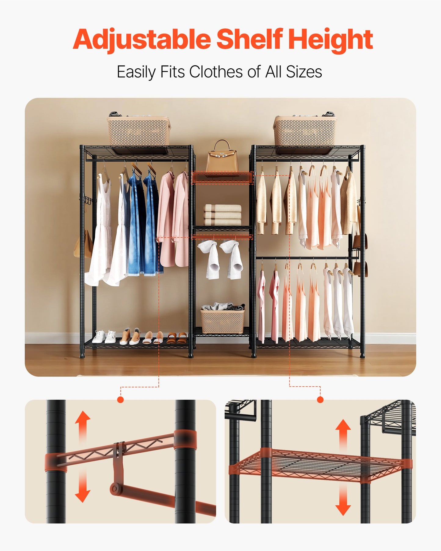 Clothing Garment Rack, Heavy Duty Closet Wardrobe, 7 Adjustable Tiers Clothes Racks with Steel Frame, 385.5 kg Load Capacity Clothes Rack with 4 Hanging Rods for Bedroom, Clothing Store, Hallway