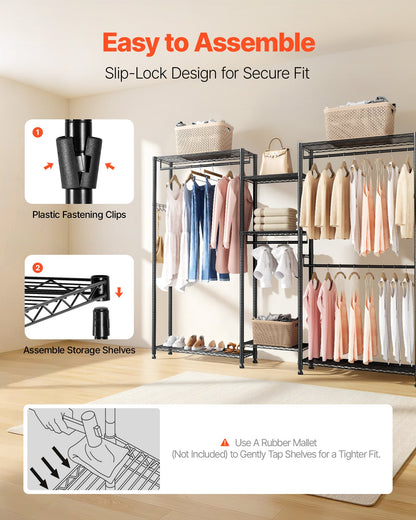 Clothing Garment Rack, Heavy Duty Closet Wardrobe, 7 Adjustable Tiers Clothes Racks with Steel Frame, 385.5 kg Load Capacity Clothes Rack with 4 Hanging Rods for Bedroom, Clothing Store, Hallway