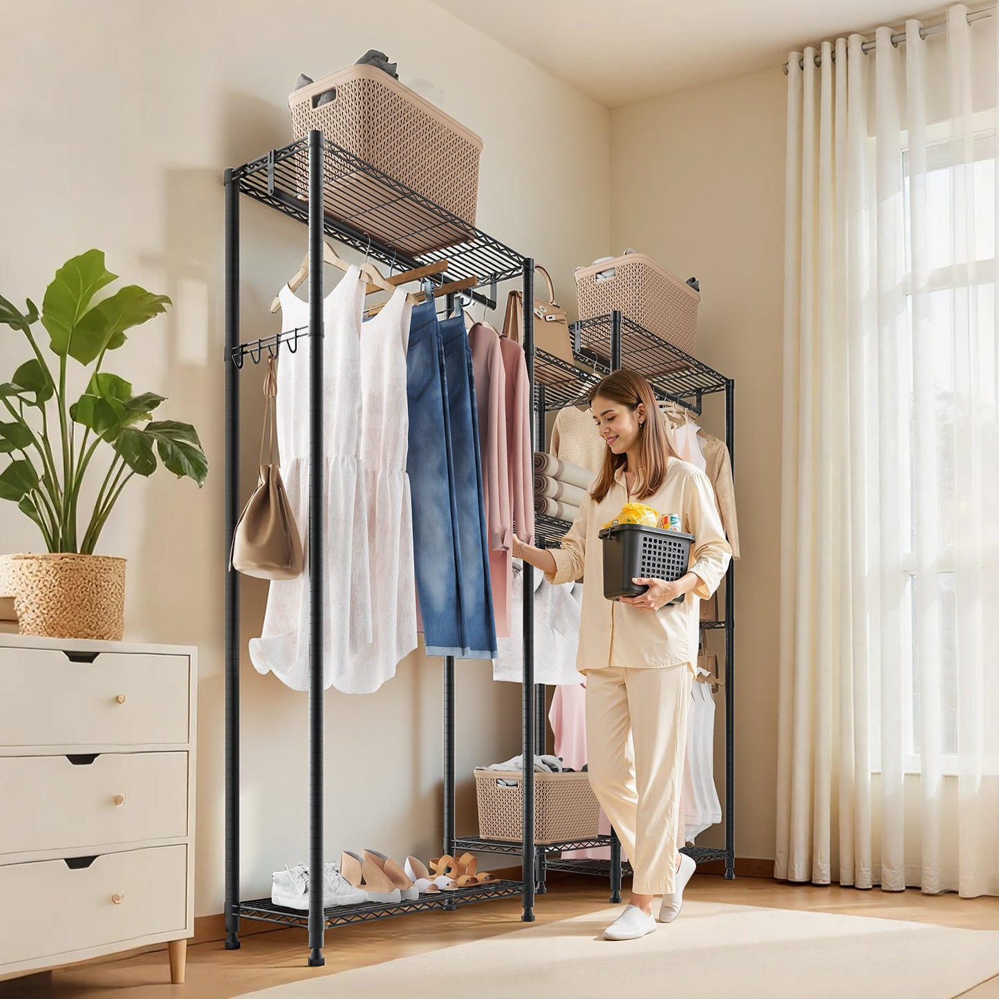 Clothing Garment Rack, Heavy Duty Closet Wardrobe, 7 Adjustable Tiers Clothes Racks with Steel Frame, 385.5 kg Load Capacity Clothes Rack with 4 Hanging Rods for Bedroom, Clothing Store, Hallway