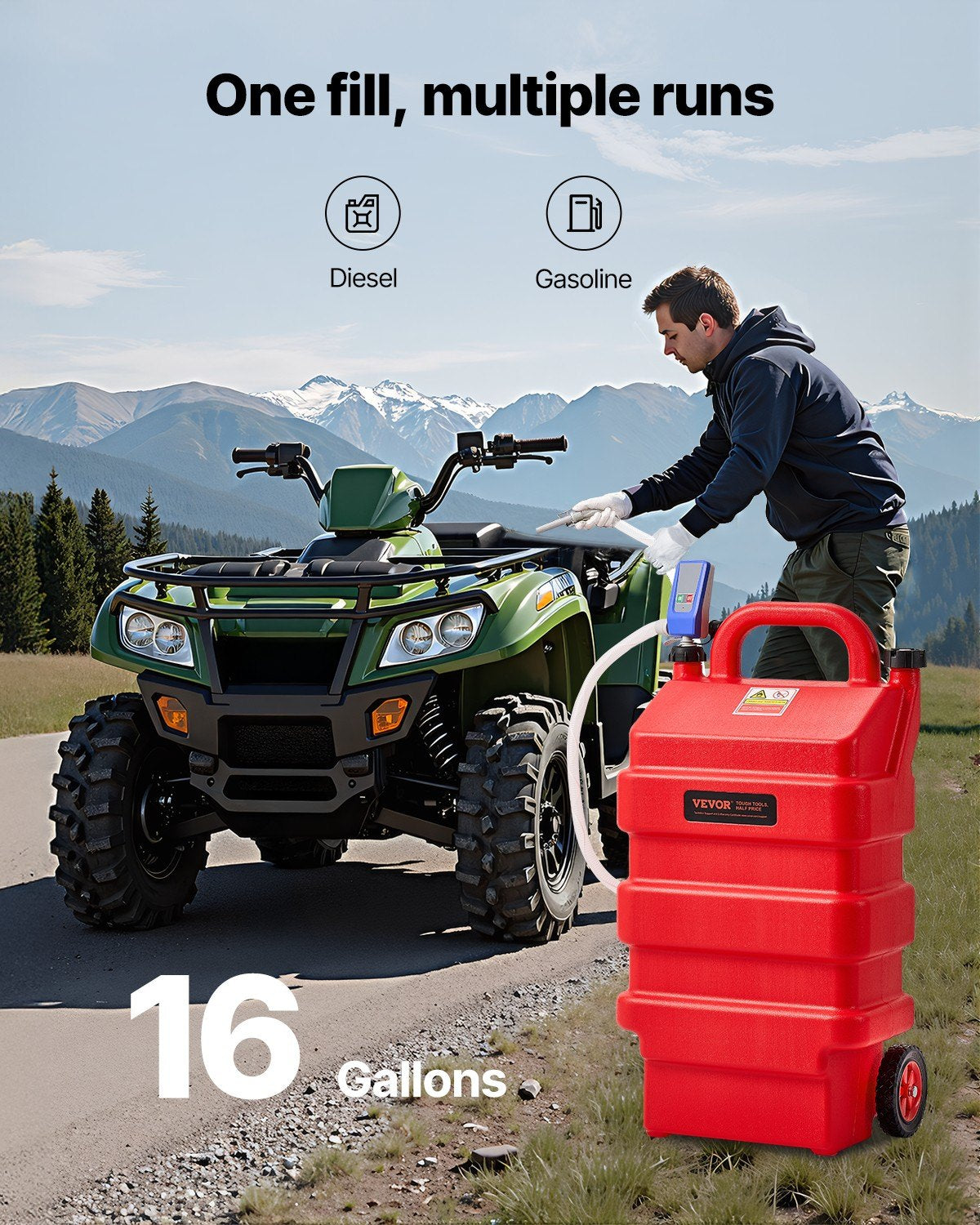 Fuel Caddy, 16 Gallon, Portable Fuel Tank with 12V DC 2.5 GPM Electric Fuel Transfer Pump, 4 ft Delivery Hose & Auto-Stop Sensor Nozzle, Tank Adapters, Suitable for Diesel & Gasoline, Red