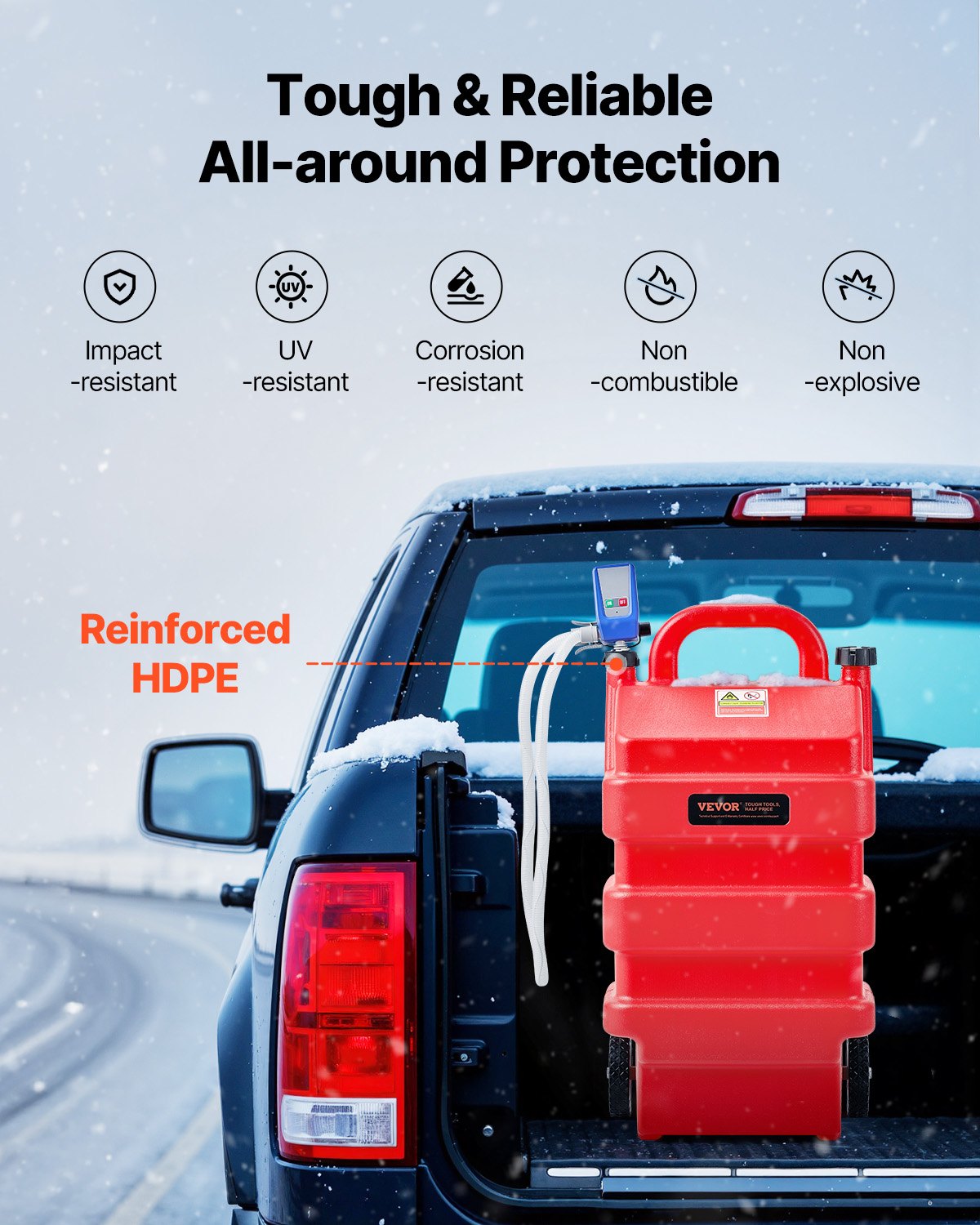 Fuel Caddy, 16 Gallon, Portable Fuel Tank with 12V DC 2.5 GPM Electric Fuel Transfer Pump, 4 ft Delivery Hose & Auto-Stop Sensor Nozzle, Tank Adapters, Suitable for Diesel & Gasoline, Red