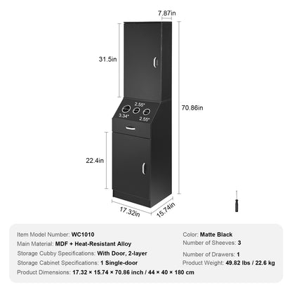 Salon Storage Cabinet, Barber Salon Station for Hair Stylist, Hair Stylist Station Set, with 3 Hair Dryer Holders, Cabinets, and A Drawer, Black