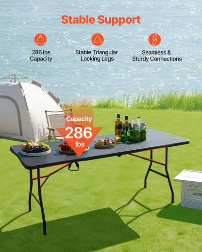 Folding Table, 6 Ft Heavy Duty Portable Fold-in-Half Utility Table, Indoor Outdoor Plastic Rectangle Table with Built in Handle, for Party, Dining, Wedding, Events, Picnic, Camping, Black